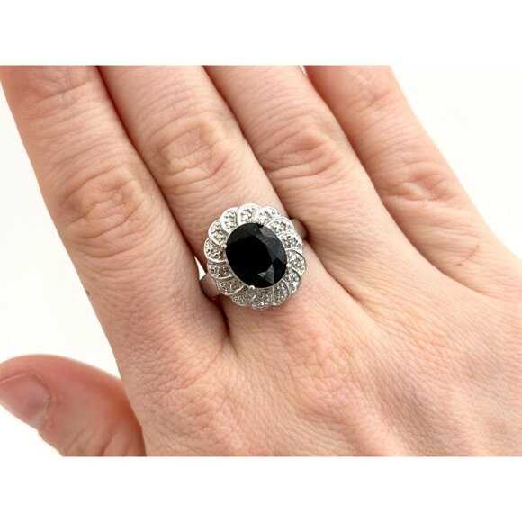 Floral Black Onyx Cubic Zirconia Vintage Sterling Silver Women's Ring - sz 7.75 - Picture 7 of 10